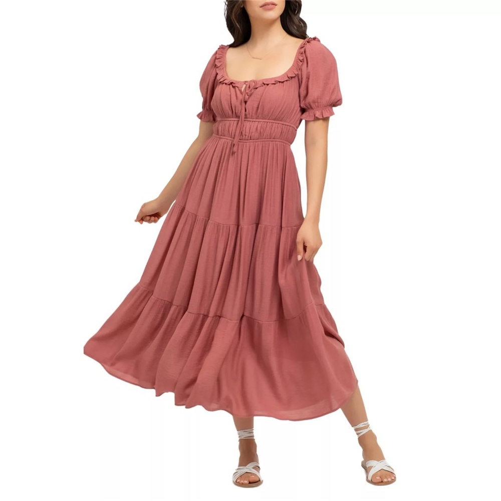 August Sky Womens Ruffle U-neckline Tiered Dress- Terracotta Color